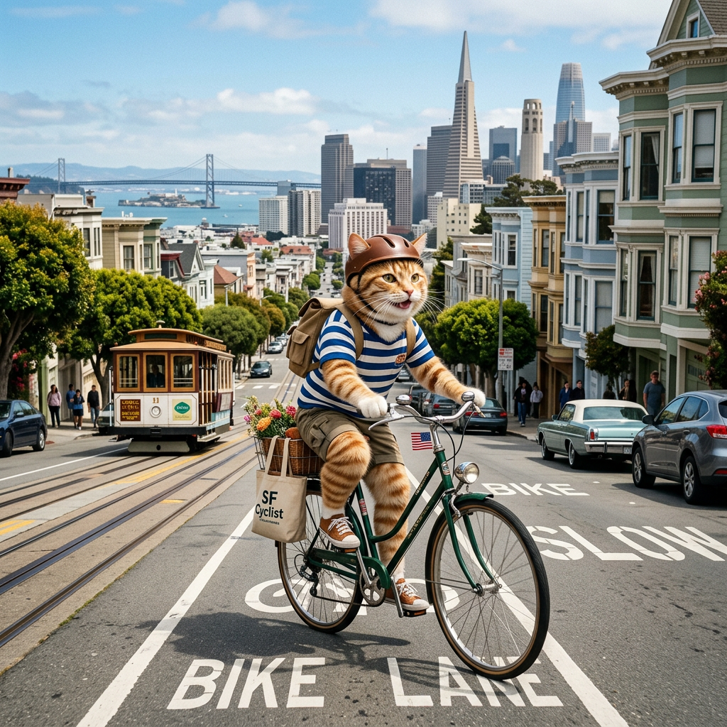 A cat wearing a helmet and striped shirt riding a bicycle in a San Francisco bike lane with city skyline and cable car behind